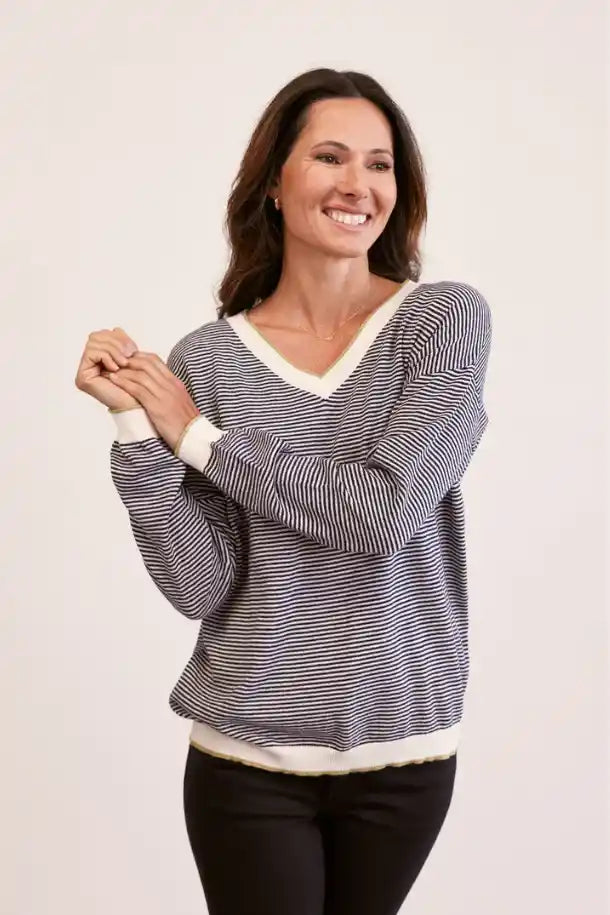 See Saw Long Sleeve V-Neck Stripe Sweater in Navy Combo