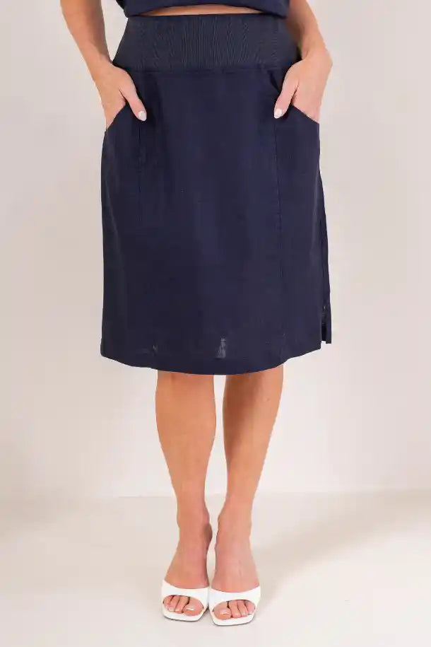 See Saw Linen Rib Waist Skirt in Navy