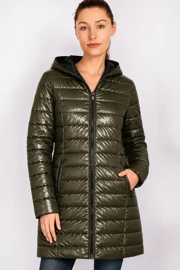 Sabena Reversible Down Jacket with Detachable Hood in Olive & Black