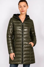 Sabena Reversible Down Jacket with Detachable Hood in Olive & Black