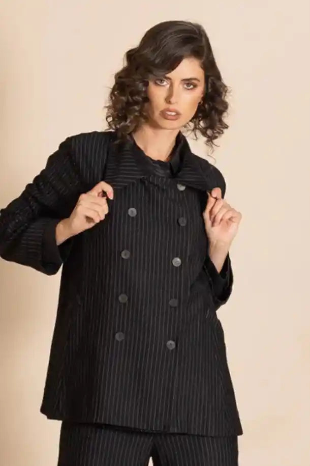 Megan Salmon Pinstripe Car Coat in Black and White Stripe