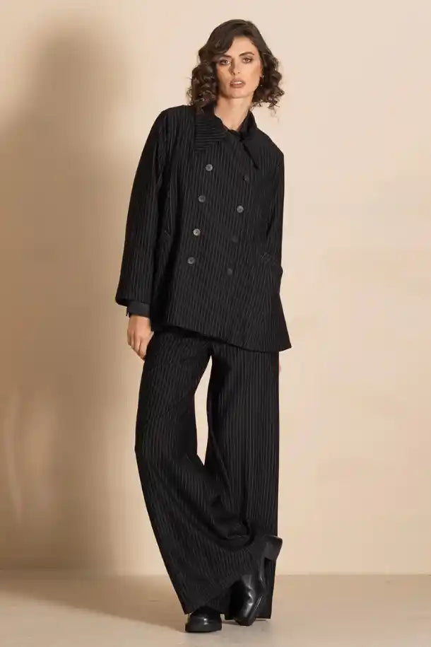Megan Salmon Pinstripe Car Coat in Black and White Stripe