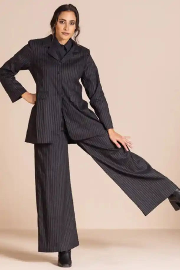 Megan Salmon Pinstripe Mariner Pant in Black and White