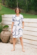 See Saw Linen Soft V-Neck Dress in Riverstone Print