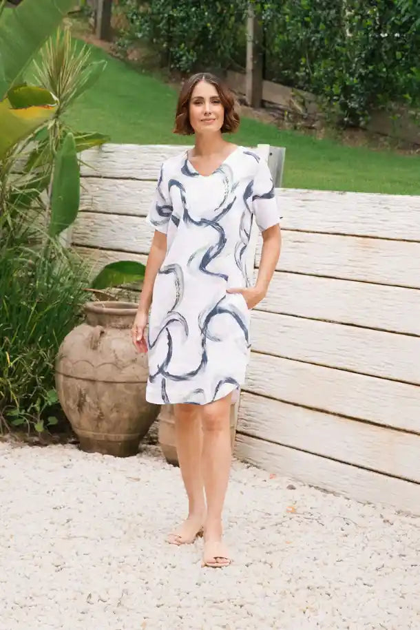 See Saw Linen Soft V-Neck Dress in Riverstone Print