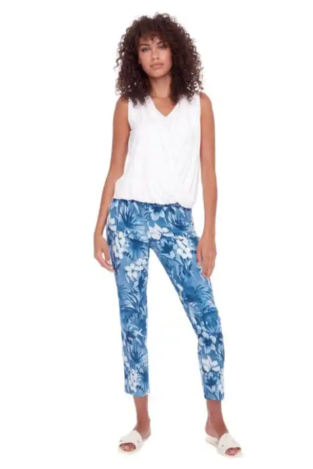 up! Pants Techno Slim Leg Ankle Pant in Blue and White Floral