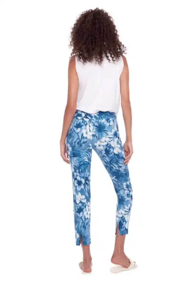 up! Pants Techno Slim Leg Ankle Pant in Blue and White Floral