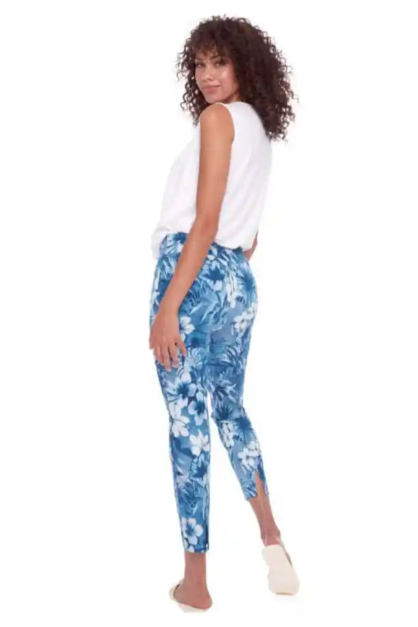 up! Pants Techno Slim Leg Ankle Pant in Blue and White Floral