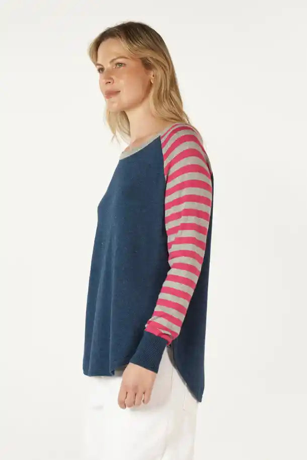 Zaket & Plover Spot and Stripe Crew Sweater in Denim