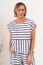 See Saw Linen Cap Sleeve Top in Navy and White Stripes
