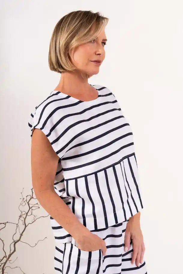 See Saw Linen Cap Sleeve Top in Navy and White Stripes
