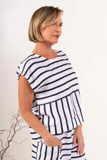 See Saw Linen Cap Sleeve Top in Navy and White Stripes
