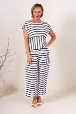 See Saw Linen Cap Sleeve Top in Navy and White Stripes