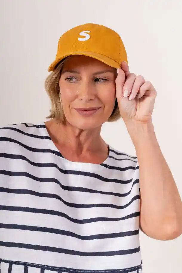 See Saw Linen Cap Sleeve Top in Navy and White Stripes