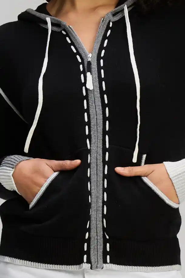 Zaket & Plover Threaded Hoodie in Black with Cream Trim