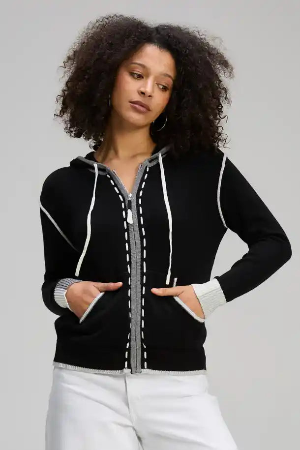 Zaket & Plover Threaded Hoodie in Black with Cream Trim