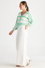 Zaket & Plover Statement Zip Cardi in White and Lime Stripes