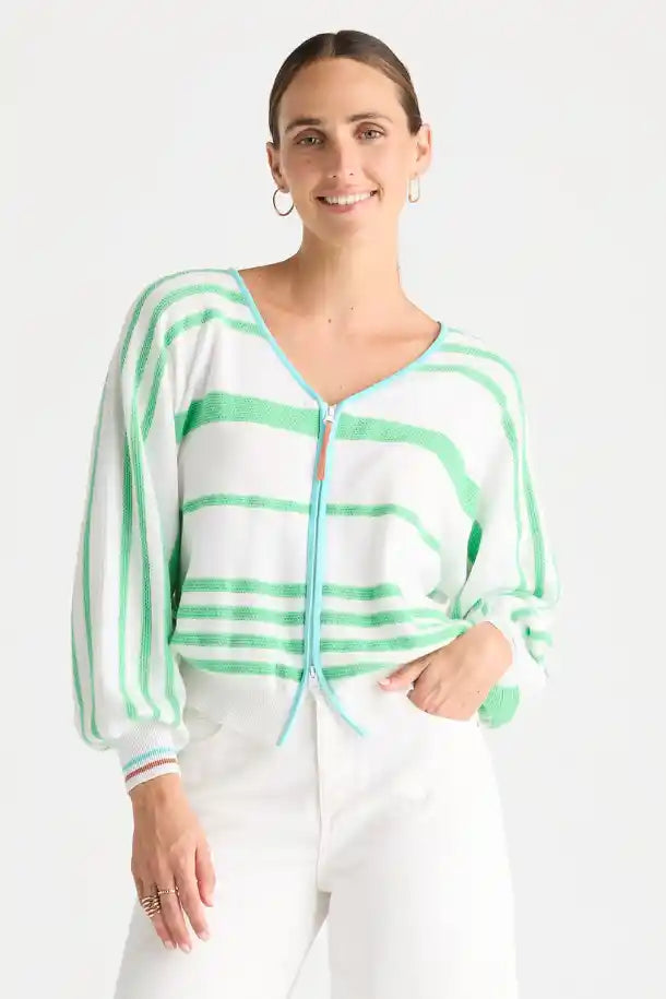 Zaket & Plover Statement Zip Cardi in White and Lime Stripes