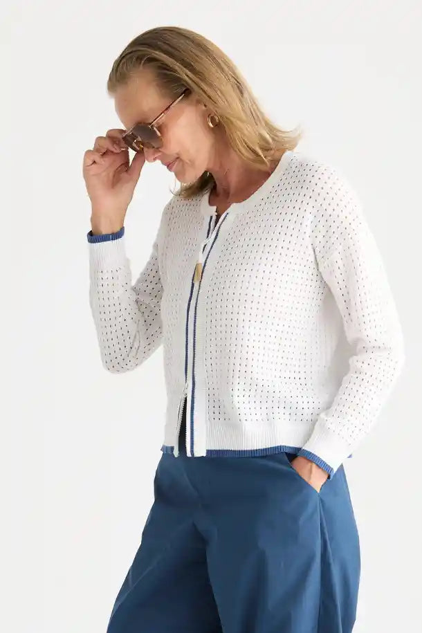 Zaket & Plover Pointelle Zip Cardi in White