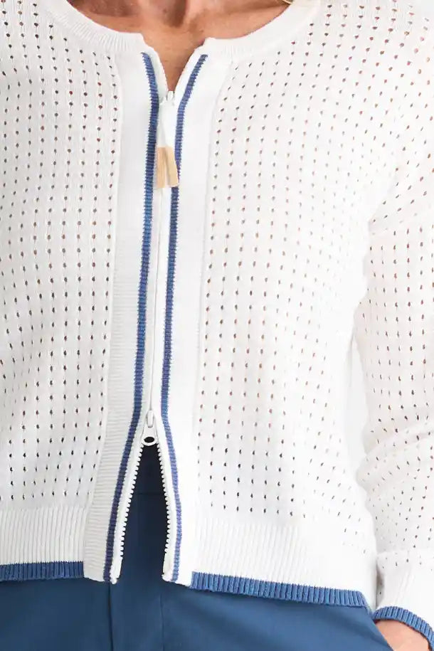 Zaket & Plover Pointelle Zip Cardi in White