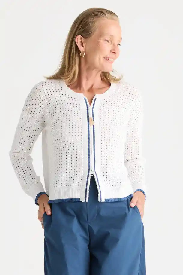 Zaket & Plover Pointelle Zip Cardi in White