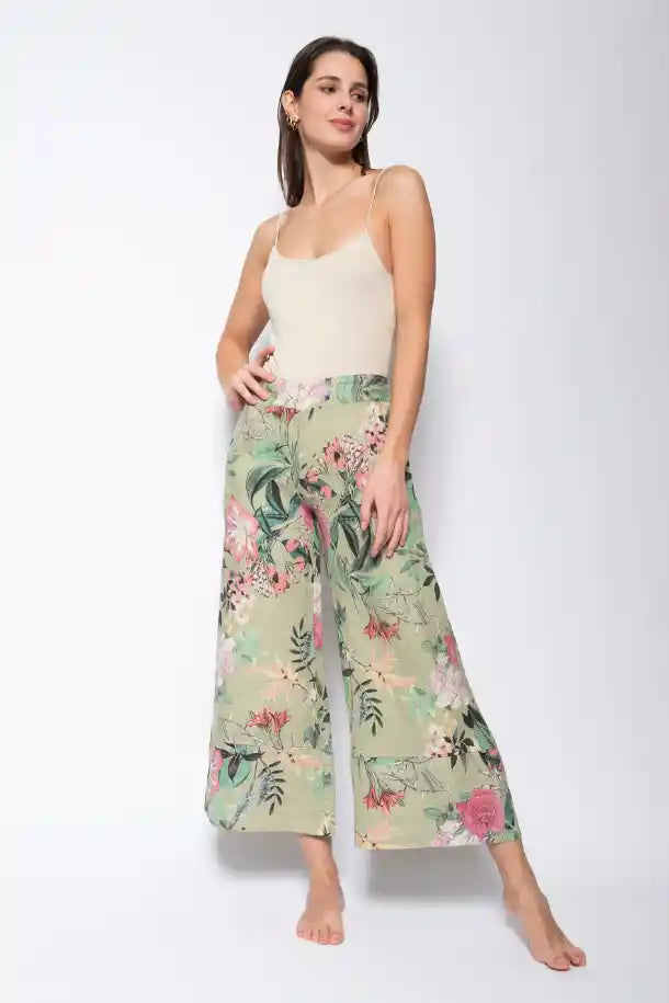 Blueberry Italia Floral Linen Pant in Sage Floral