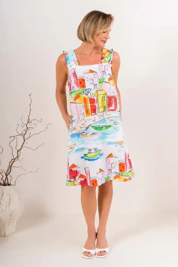 See Saw Linen Square Neck Dress in Seaside Print