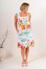 See Saw Linen Square Neck Dress in Seaside Print