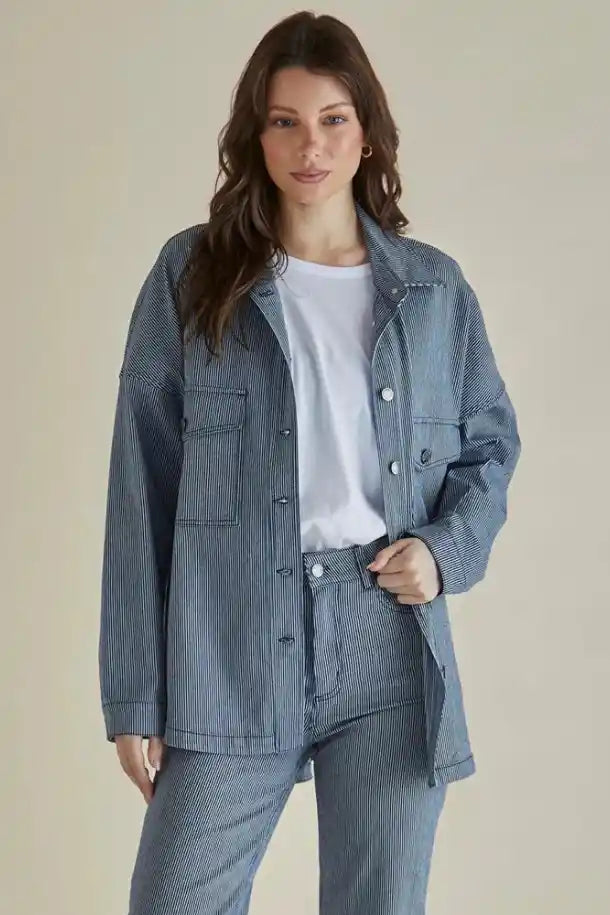 Betty Basics Pinstripe Cherry Denim Shirt in Navy and White Pinstripe