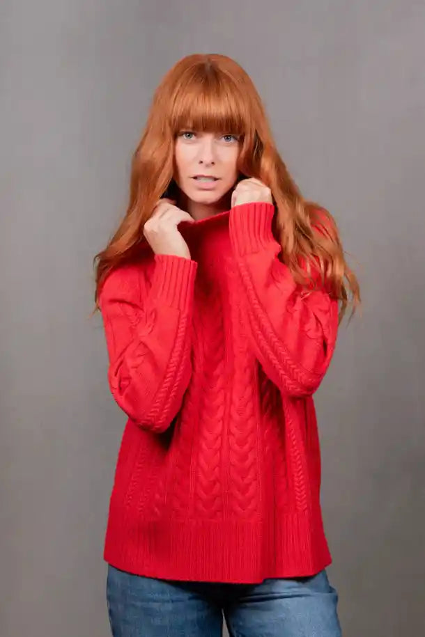Bridge & Lord Cable Raglan Pullover in Cayenne Red