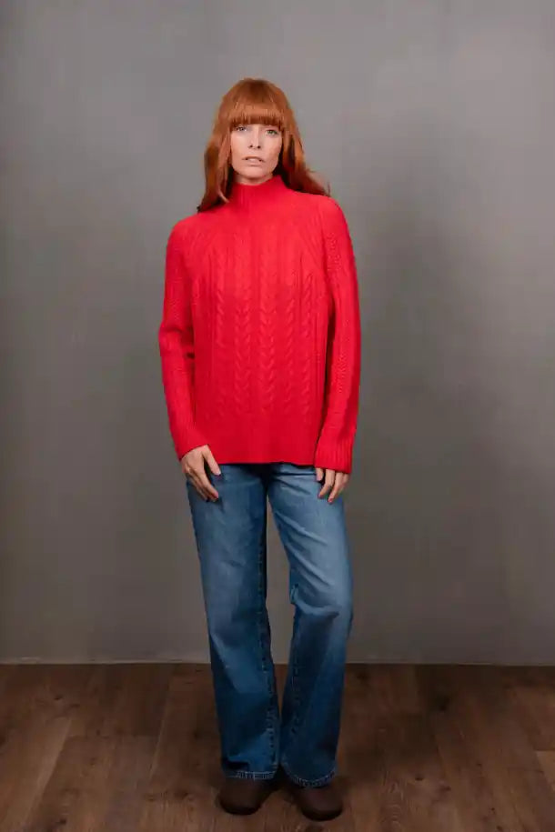 Bridge & Lord Cable Raglan Pullover in Cayenne Red