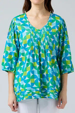 Cake Sally Top in Square Circles Green, Blue and White