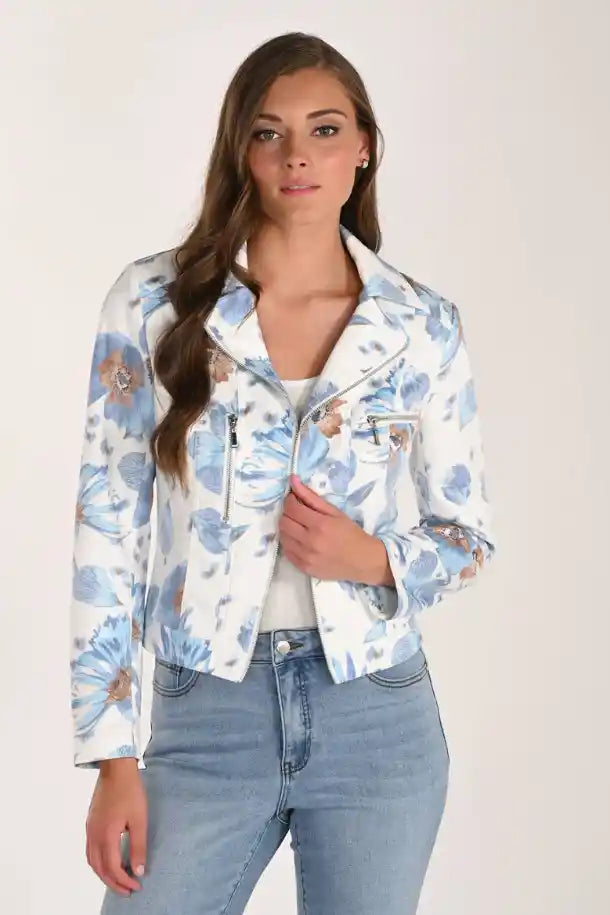 Frank Lyman Pattern Bomber Jacket in Ivory & Blue