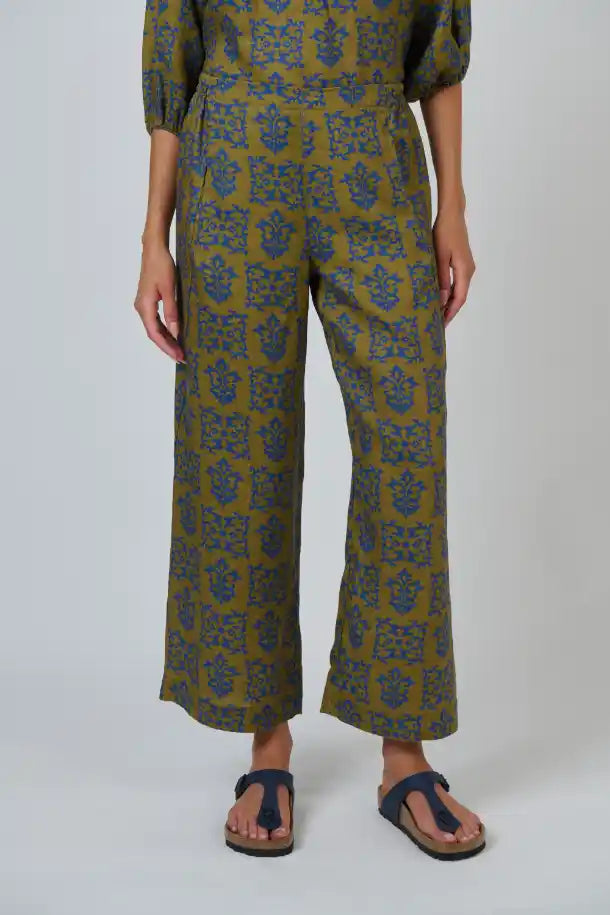 Naturals Motif Linen Pants in Olive Green, Mustard and Royal Blue