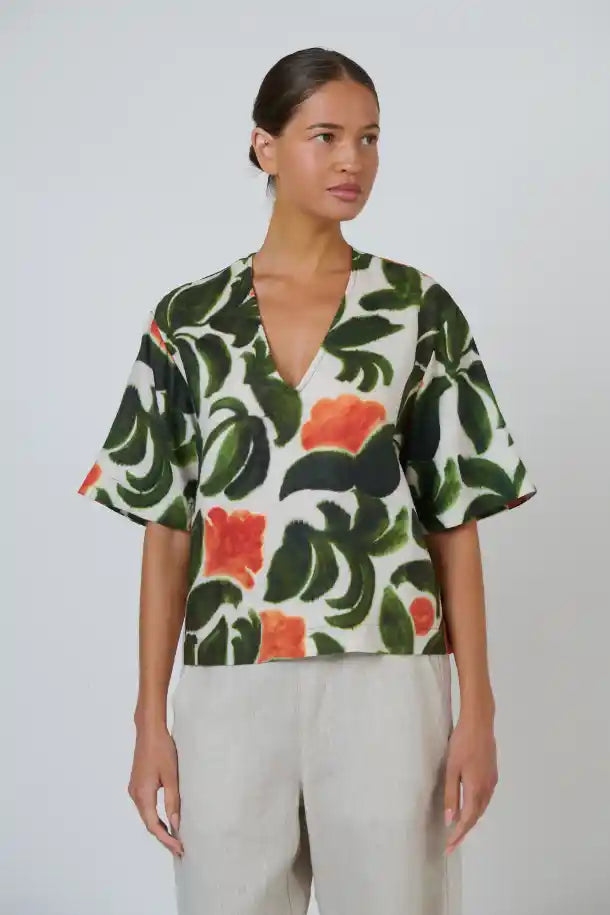 Naturals Tuileries Linen Top in Olive Green, Orange and Cream