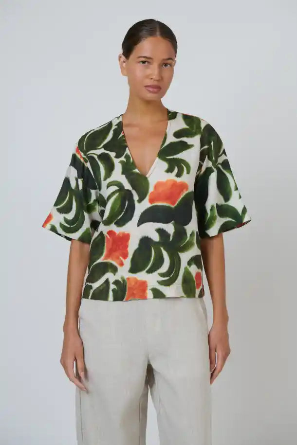 Naturals Tuileries Linen Top in Olive Green, Orange and Cream