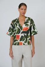 Naturals Tuileries Linen Top in Olive Green, Orange and Cream