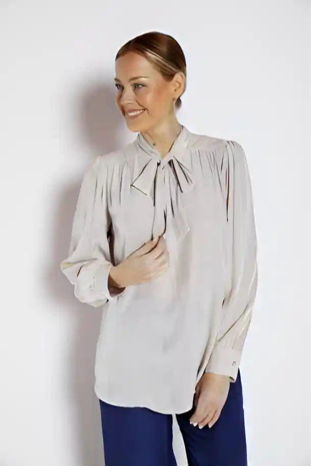 Philosophy Hudson Long Sleeve Tie Blouse in Stone