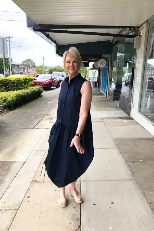 illium Cotton Ruched Hem Shirtdress in Navy