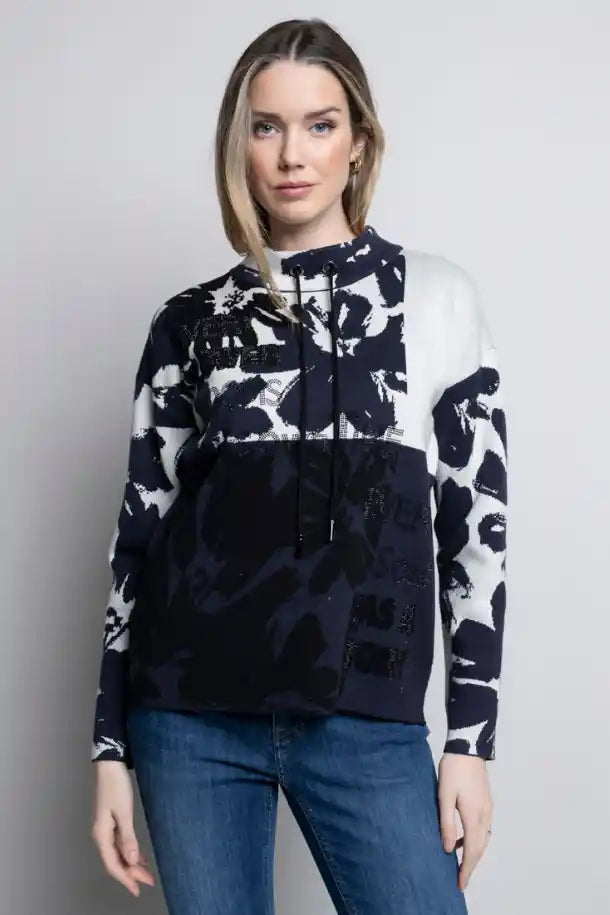 Picadilly Funnel Neck Jacquard Top in Navy and Cream Florals