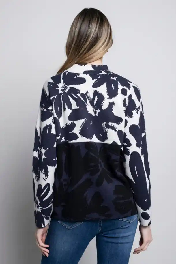 Picadilly Funnel Neck Jacquard Top in Navy and Cream Florals