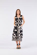 au hazard d’un voyage Print Cotton Dress in Black, Cream Check Stripes