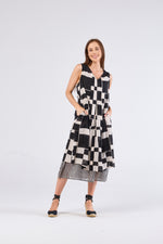 au hazard d’un voyage Print Cotton Dress in Black, Cream Check Stripes