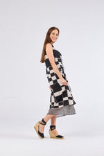 au hazard d’un voyage Print Cotton Dress in Black, Cream Check Stripes