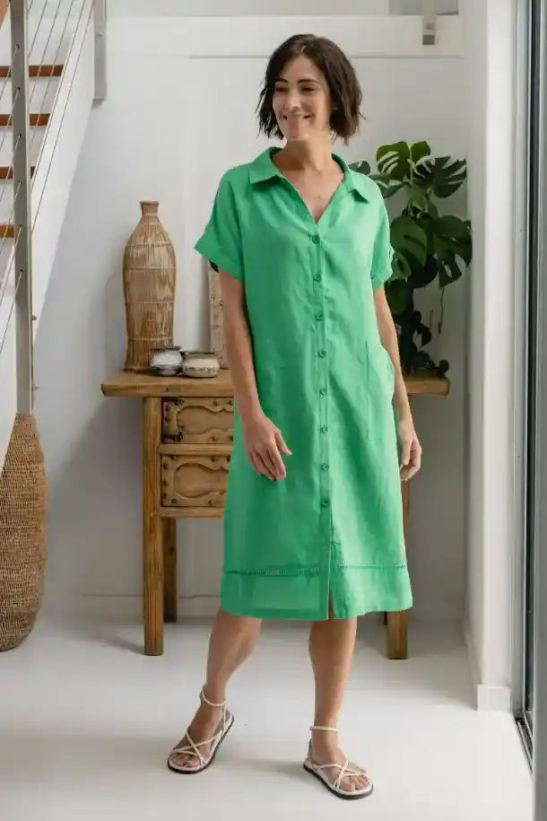 See Saw Collared Button Through Midi Dress in Emerald