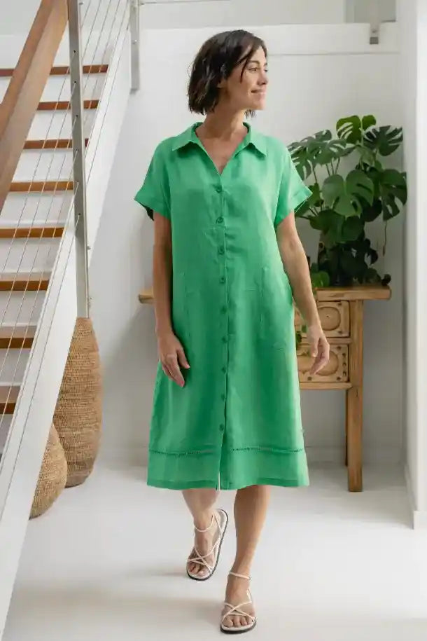 See Saw Collared Button Through Midi Dress in Emerald