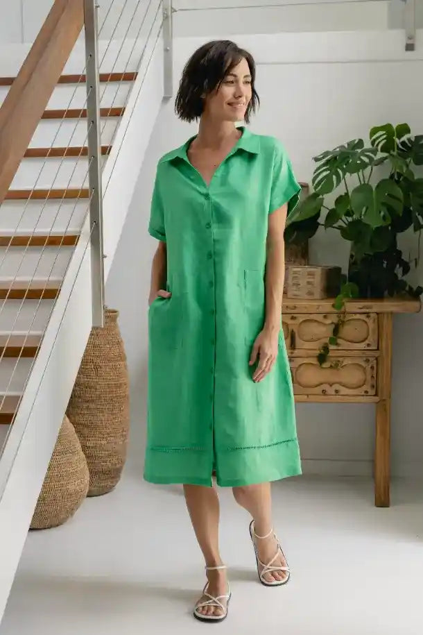 See Saw Collared Button Through Midi Dress in Emerald