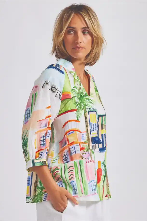 Wear Colour Linen Gathered Neck Top in Motel Print