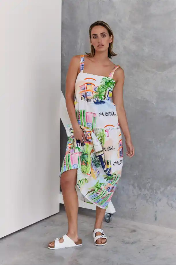 Wear Colour Linen Tiered Dress in Motel Print