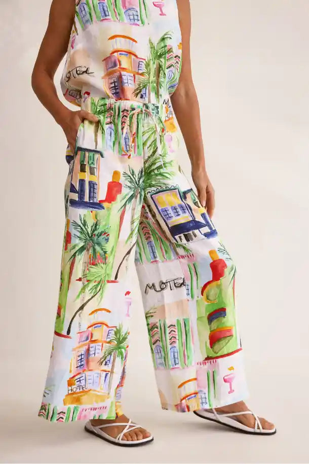 Wear Colour Wide Leg Linen Pant in Motel Print